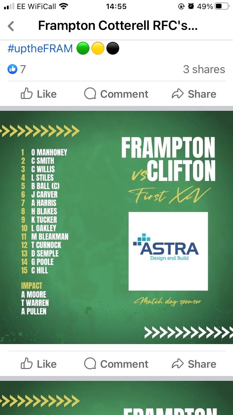 We're proujd to sponsor matches at Frampton Cotterell RFC